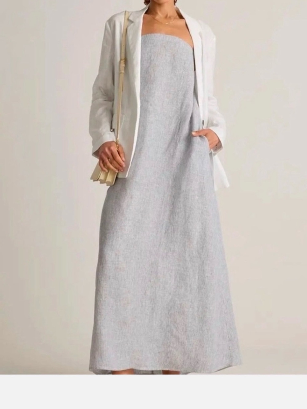 Quince 100% European Linen Striped Strapless Maxi Dress Blue Pinstripe Small